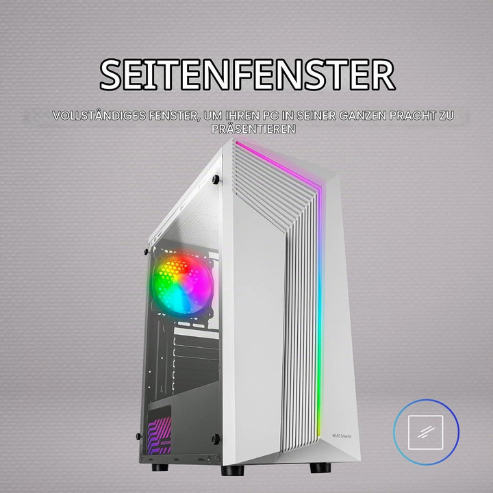 MarsGaming MC-X7 Weiss, PC Gaming ATX Gehäuse, ARGB Front, 12cm RGB Lüfter, Volles Seitenfenster MCX