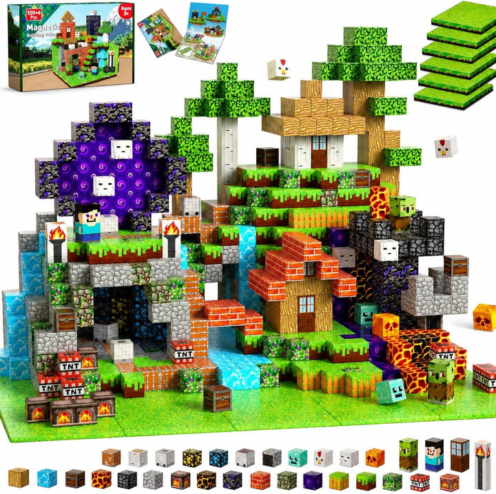 Magnetische Bausteine 150 Teile - Wald & Minentunnel Set mit 6 Grasplatten - Magnetbausteine für Jun