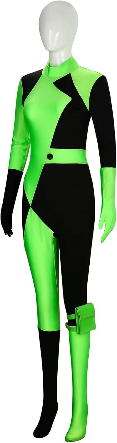 Funhoo Damen Shego Cosplay Kostüm Bodysuit Jumpsuit mit Handschuhen Beinbeutel Grün und Schwarz Frau