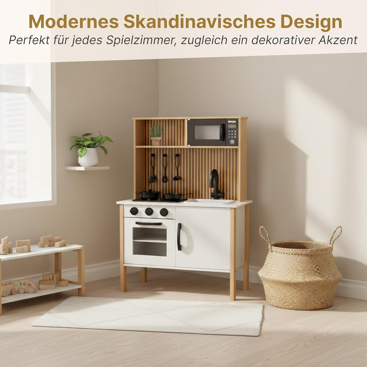 Kinderküche aus Holz mit Licht & Sound – Spielküche mit Zubehör, Herd, Backofen, Spüle, Mikrowelle –