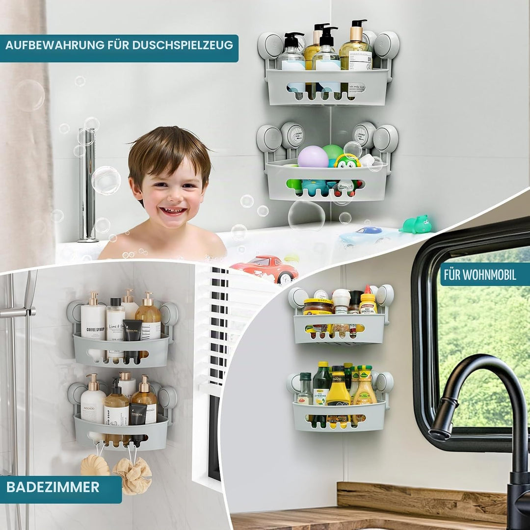 TAILI Duschablage Ohne Bohren,Einstellbar Ecke Dusche Caddy Saugnapf 2er Set Dusche Zubehör mit Hake