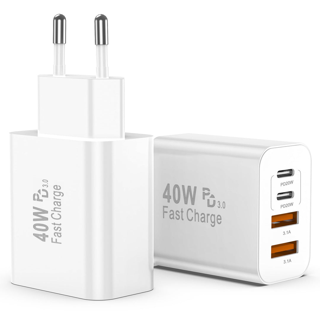 USB C Ladegerät, 40W Multiport Schnellladeblock with 4 Ports - 2 x USB-C and 2 x USB-A, Mehrfach-Wan