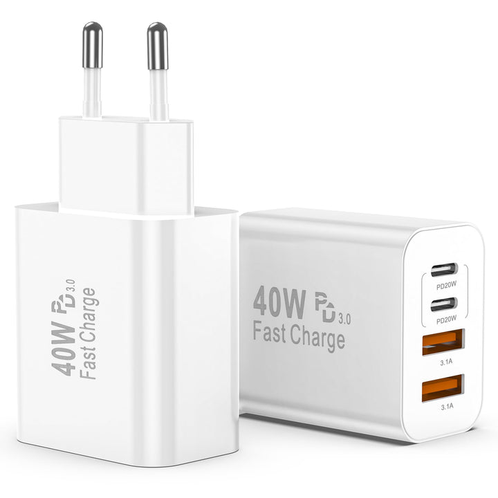 USB C Ladegerät, 40W Multiport Schnellladeblock with 4 Ports - 2 x USB-C and 2 x USB-A, Mehrfach-Wan