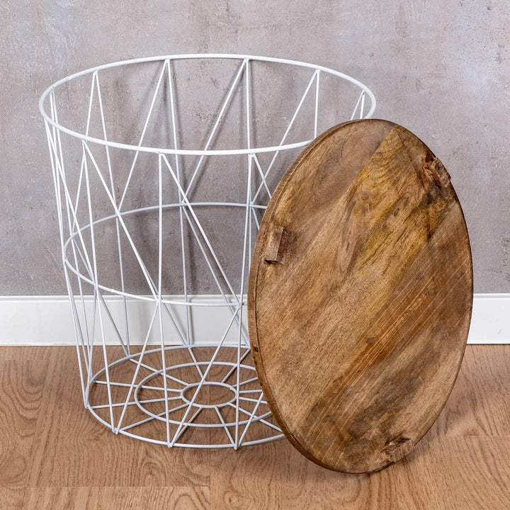 levandeo 3er Set Beistelltisch Metall Metallkorb Weiss Mango Couchtisch Holz Deckel Deko Aufbewahrun