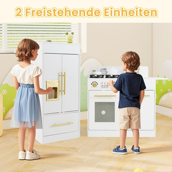 COSTWAY Kinderküche mit Kühlschrank, Spielküche Holz mit Herd & Spüle & Spülmaschine, Spielzeugküche