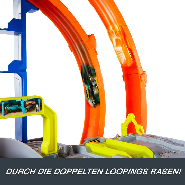 Hot Wheels Spielzeugauto Trackset, mit Die-Cast-Auto und Hubschrauber, 3 Spielebenen, 2 Loopings, Pl