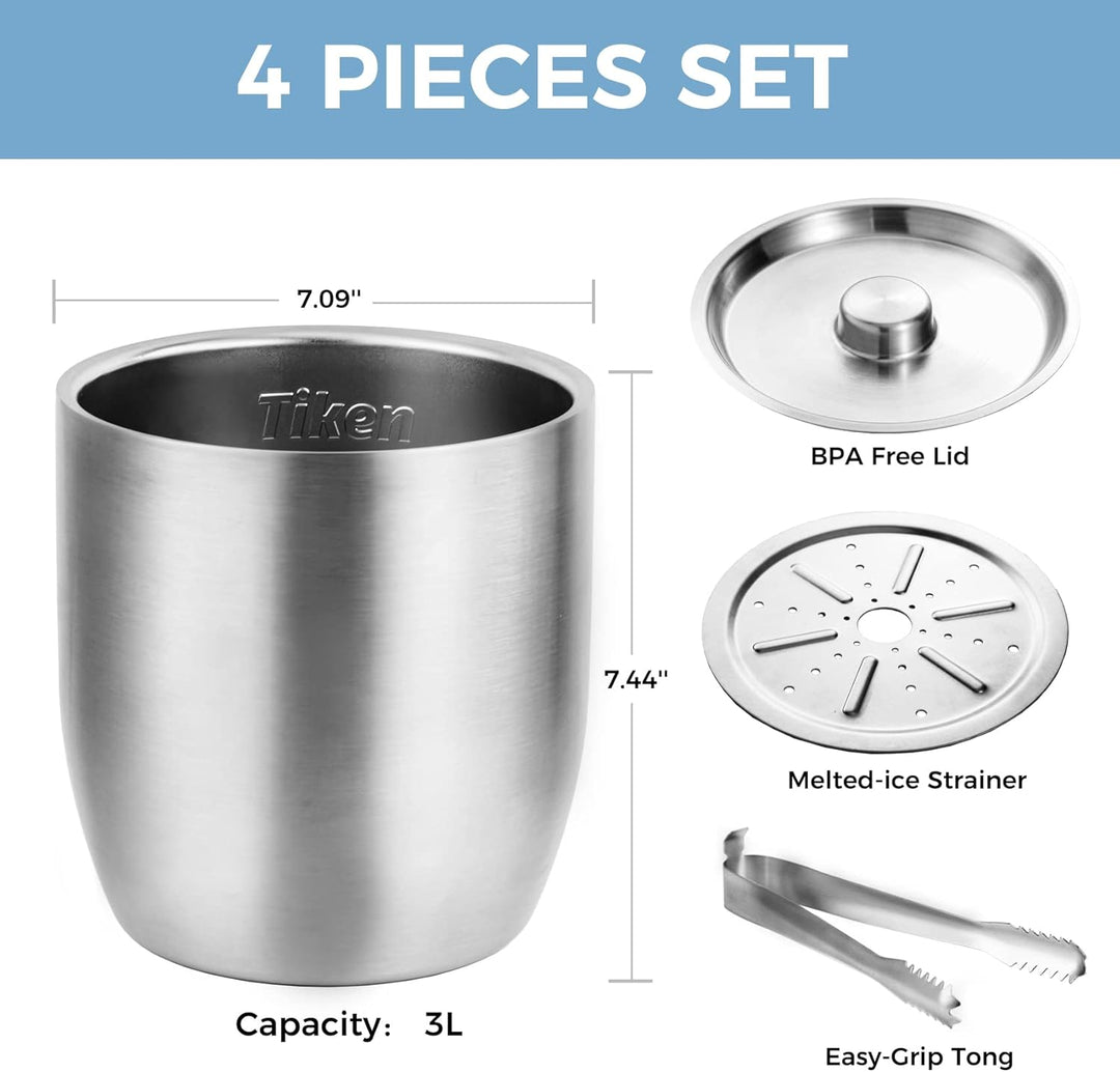 Tiken 3L Edelstahl Eiseimer mit Deckel und Zange Doppelwandiger Vacuum Isolierter Eiskübel Eiswürfel