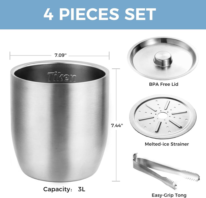 Tiken 3L Edelstahl Eiseimer mit Deckel und Zange Doppelwandiger Vacuum Isolierter Eiskübel Eiswürfel