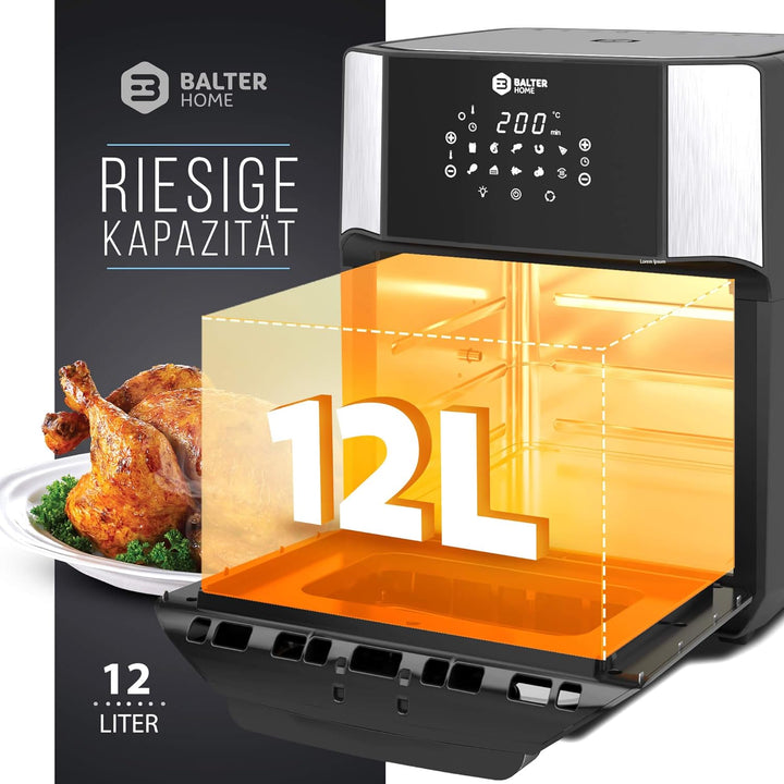 Balter Heissluftfritteuse HL-1200, Friteuse, 12 Liter, Mini Backofen, Dörrautomat Funktion, LCD Disp