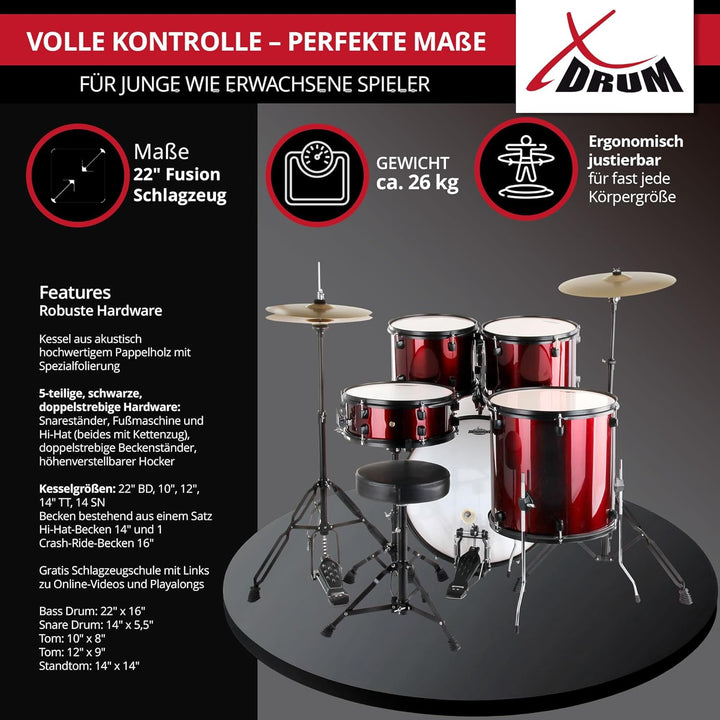 XDrum Rookie 22" Fusion Schlagzeug Komplettset Ruby Red - Ideal für Einsteiger - Stylische Hardware