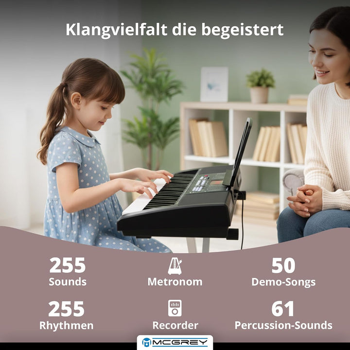 McGrey LK-6120-MIC Keyboard Set - Einsteiger-Keyboard mit 61 Leuchttasten - 255 Sounds und 255 Rhyth