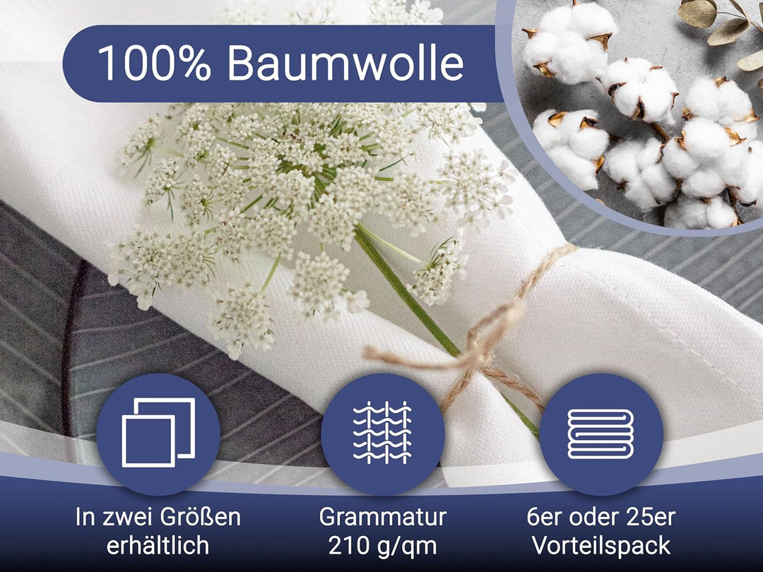 ZOLLNER 6er Set Mundservietten 100% Baumwolle, 50x50 cm, Weiss 50 x 50 cm (6er Set) Weiss, 50 x 50 c