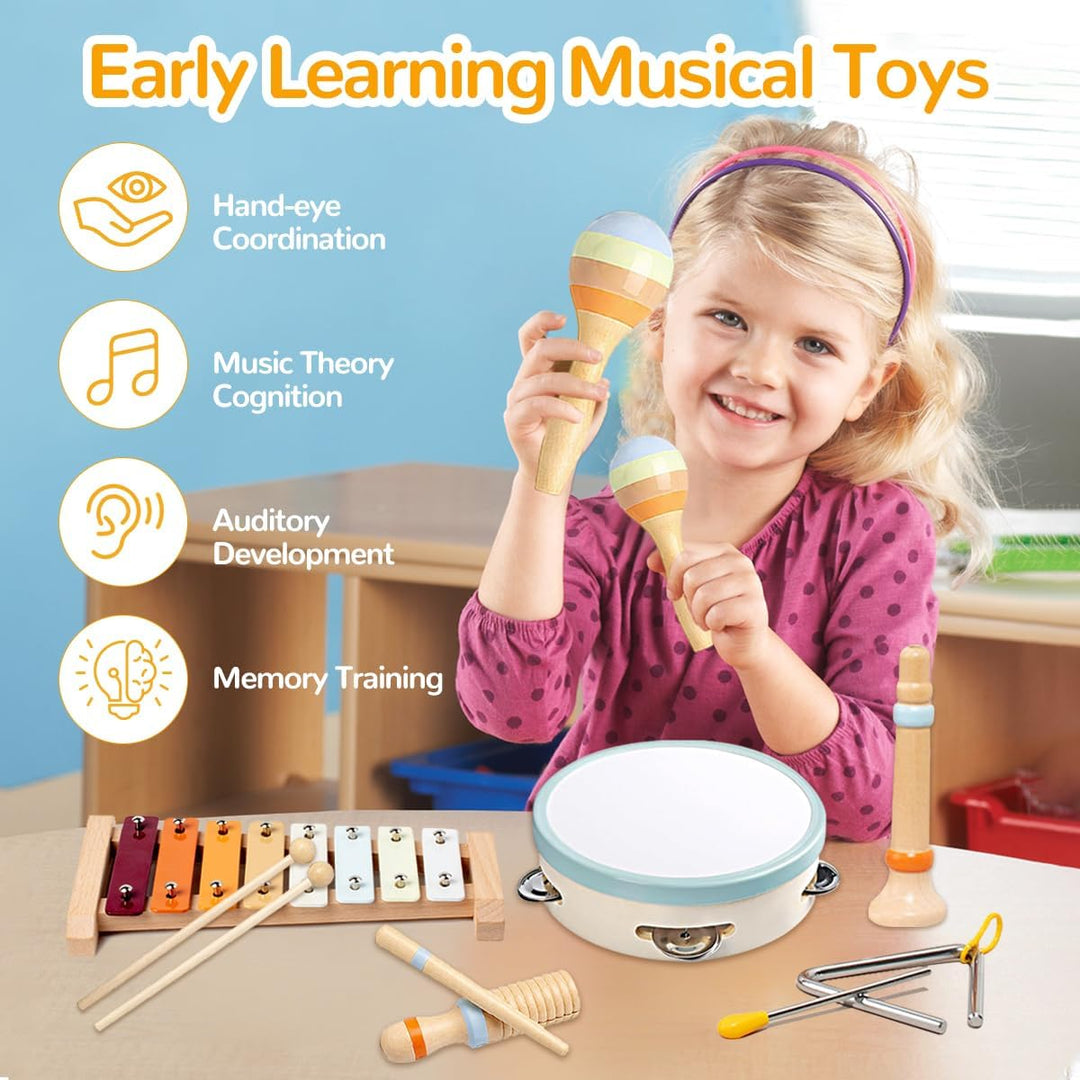 8-in-1 Montessori Musikinstrumente Kinder ab 1 Jahr, Holzspielzeug mit Xylophon, Trommel, Triangel,