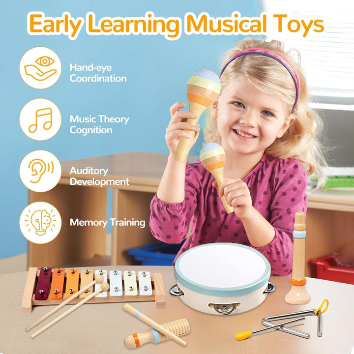 8-in-1 Montessori Musikinstrumente Kinder ab 1 Jahr, Holzspielzeug mit Xylophon, Trommel, Triangel,