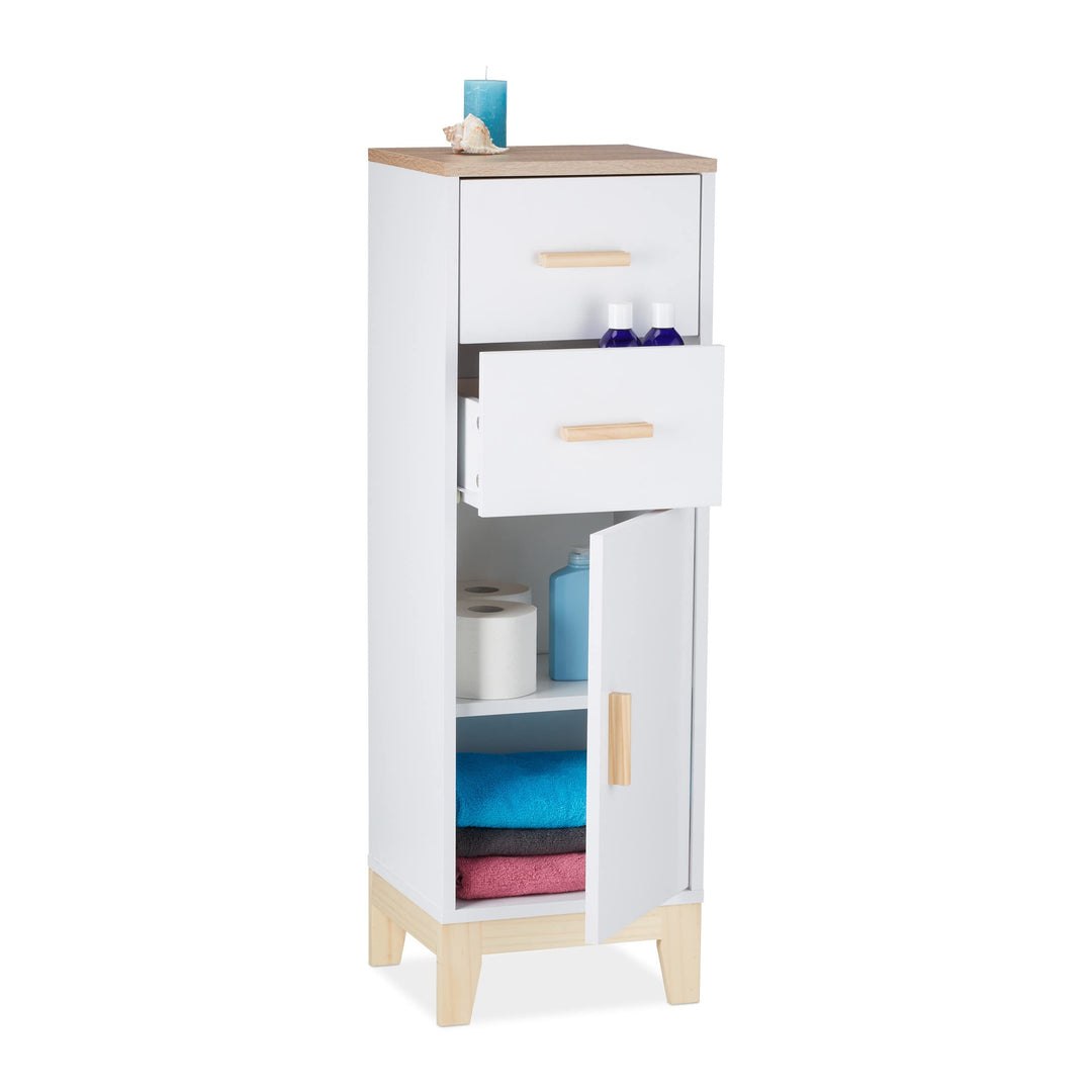 Relaxdays Badezimmerschrank, 2 Schubladen, Türfach, HxBxT: 97,5 x 32 x 28 cm, Bad & Flur, schmaler M