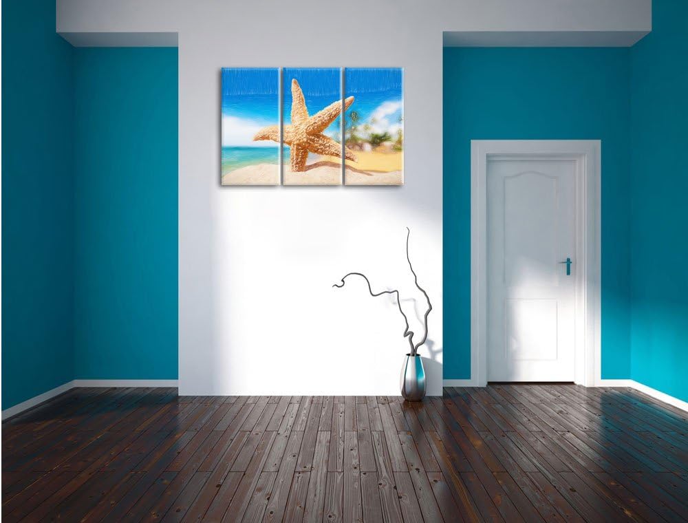 Pixxprint Seestern im Sandstrand von Palm Beach Kunst Buntstift Effekt 3-Teiler Leinwandbild 120x80