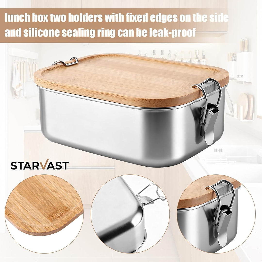 STARVAST 2 Stück Lunchbox für Erwachsene Kinder, Edelstahl Brotdose mit Fächern Holzdeckel,BPA-frei