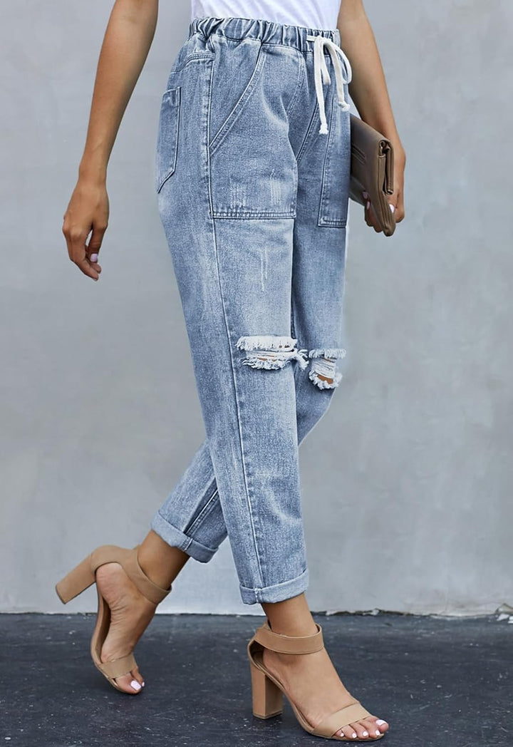 Alaster Queen Jeans Damen Lässig High Waist Baggy Damen Knie Zerrissen Jeans 209-himmelblau S, 209-h