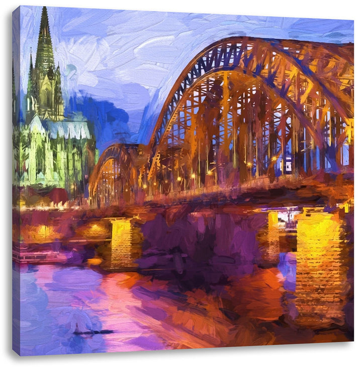 Brücke bei Nacht, Format: 70x70 auf Leinwand, XXL riesige Bilder fertig gerahmt mit Keilrahmen, Kuns