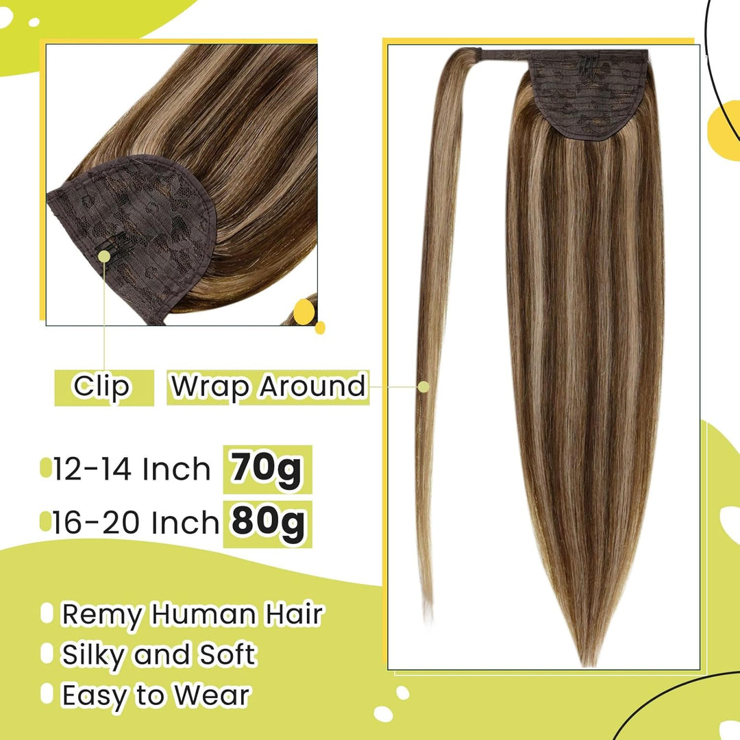 RUNATURE Zopf Extensions Echthaar Braun mit Blond Haarverlängerung Zopf Echthaar Braun Glatt Ponytai