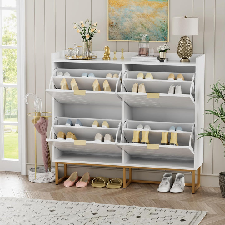 UEV Schuhschrank mit 4 Klappen Schmal,Freistehendes Schuhregal mit Kippschutz, Schuhkommode mit vers