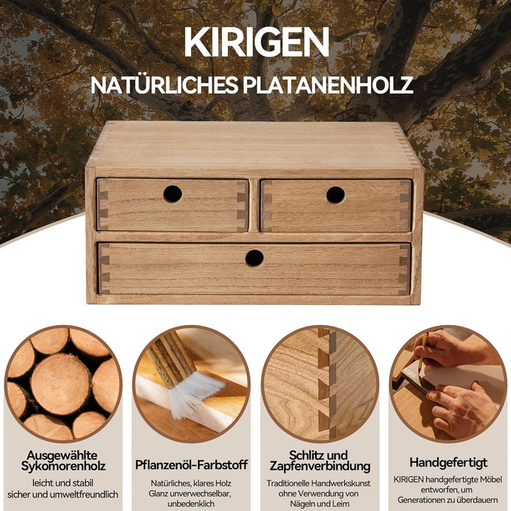 KIRIGEN Schreibtisch-Organizer aus Paulownia-Holz, 35 x 27 x 14,7 cm, Schubladenbox mit 3 Schubladen