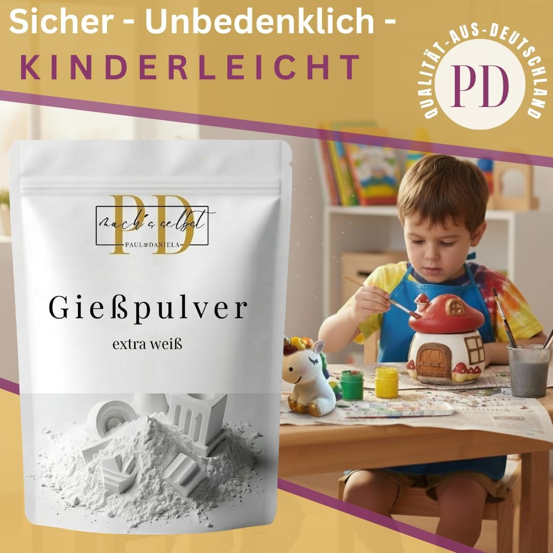 Giesspulver Starterset für Kids- Silikonform Feenhaus & Einhorn, 2kg PD Giesspulver weiss, 12x Acryl