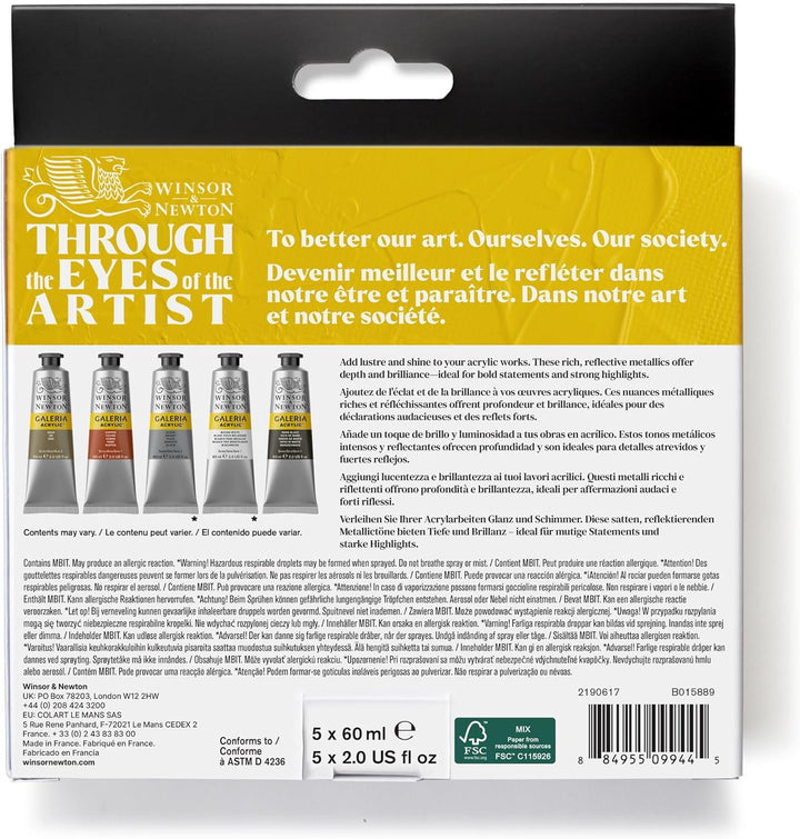 Winsor & Newton 2190617 Galeria Acrylfarben Set Metallic– 5x60ml – hochwertige Acrylfarbe, deckend,