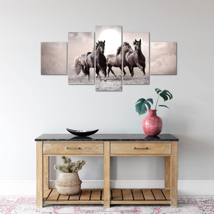 Runa Art Wandbilder Pferde 5 Teilig Bild auf Vlies Leinwand Deko Wohnzimmer Schlafzimmer Tiere Rosa