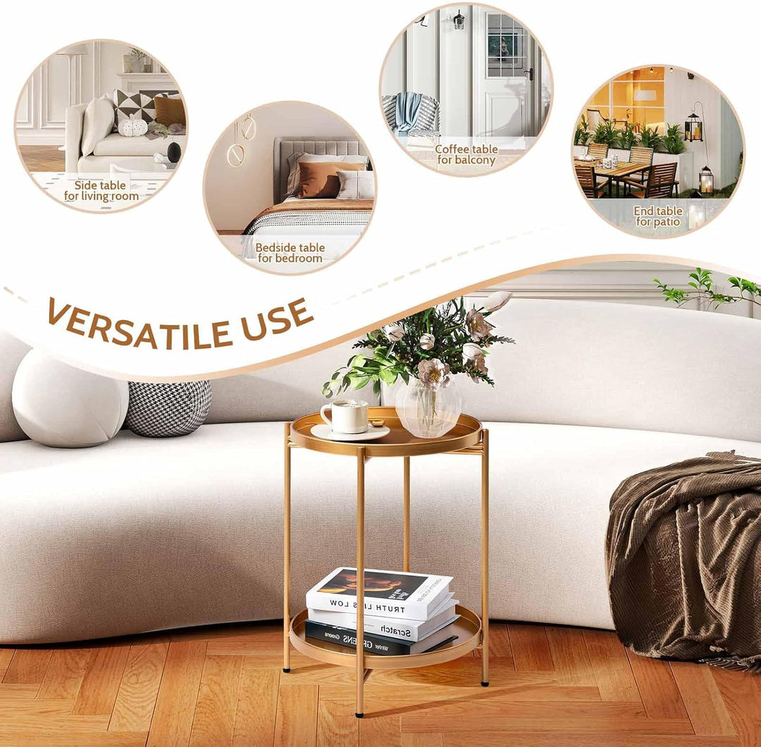 HollyHOME Runder Beistelltisch, 2 Ebenen Goldener Beistelltisch Metalltablett, Snacktisch, Couchtisc