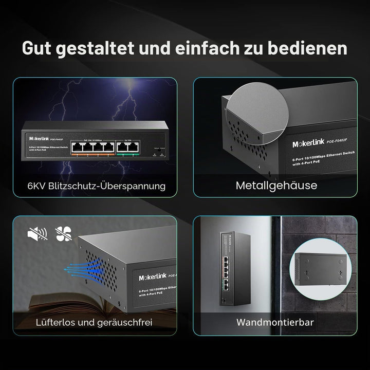 MokerLink 4 Port PoE Switch mit 2 Uplink Ethernet-Ports, 78W High Power, Unterstützung IEEE802.3af/a