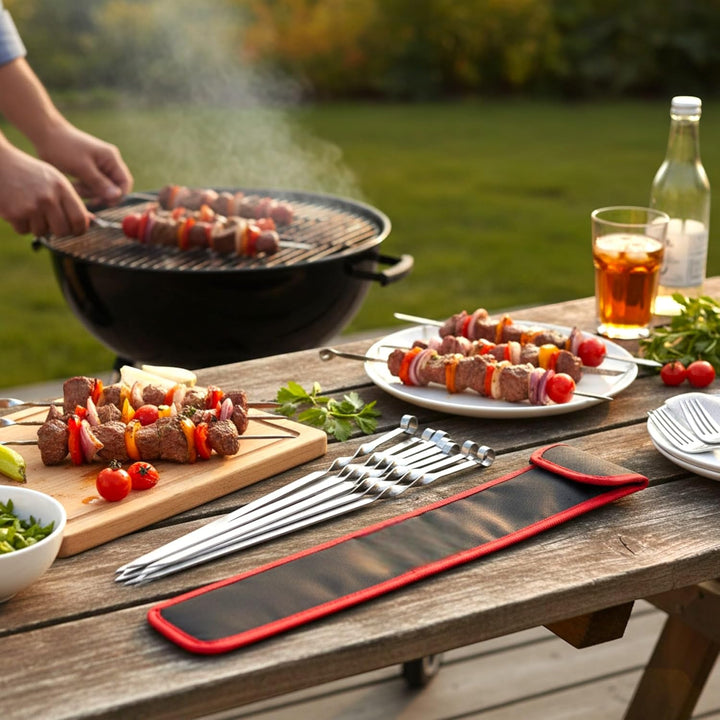 Profi BBQ Edelstahl Grillspiesse, Extra Breit: 1 cm und Extra Stark 2 mm Dicke (10 St, 50cm) Fleisch