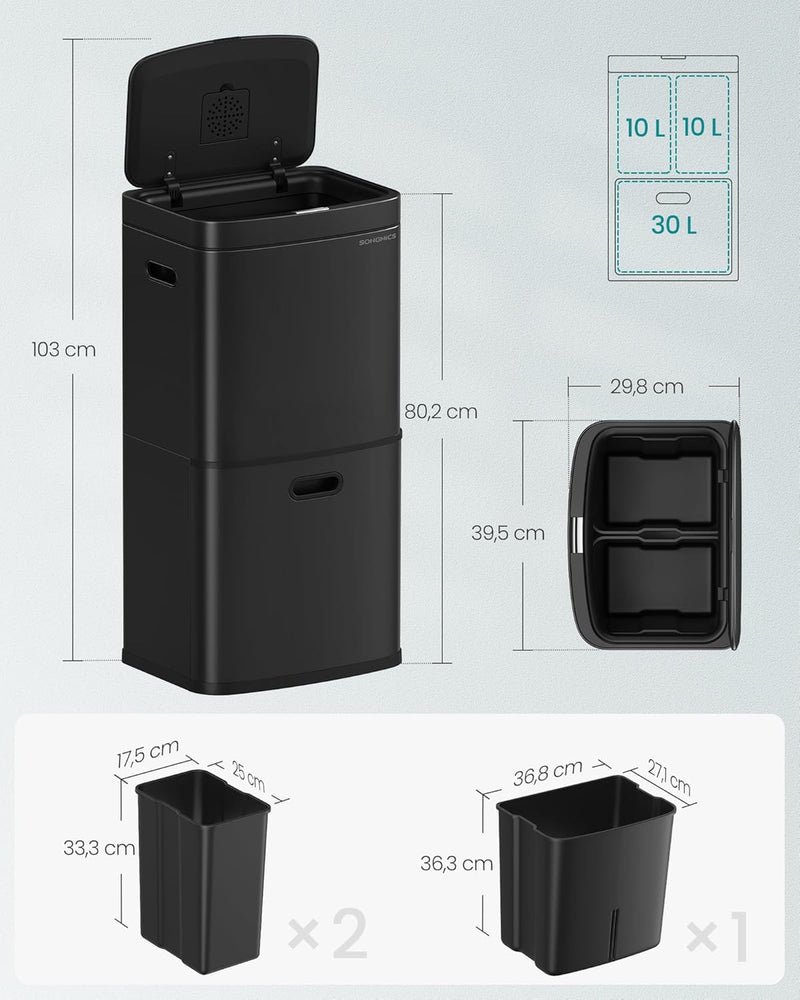 SONGMICS Mülleimer Küche, Mülltrennsystem 3 Fächer, 2 x 10 L und 30 L, Abfalleimer aus Stahl, platzs