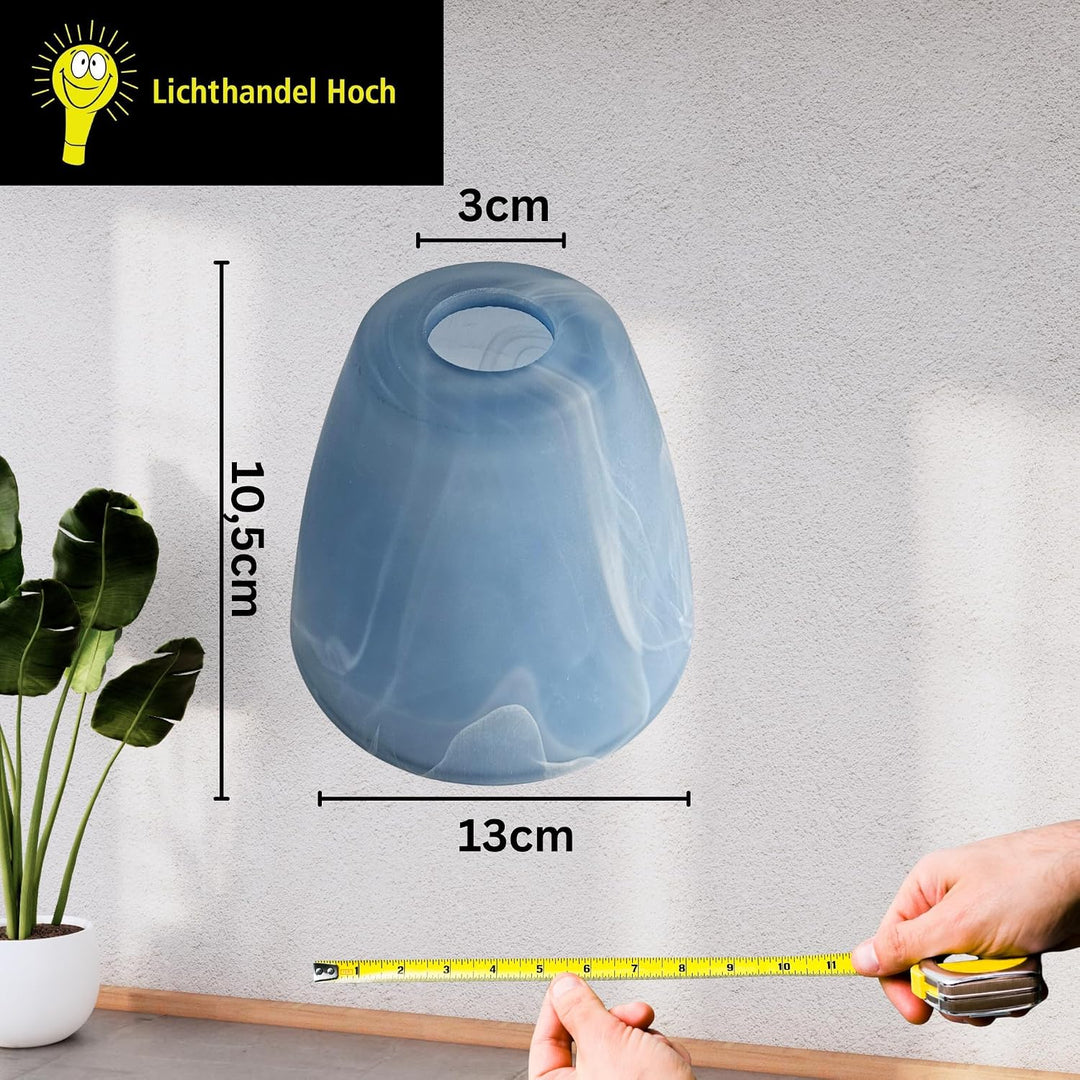 E14 Lampenschirm Glas Blau Weiss marmoriert Ø13 cm – Ersatzglas Lampenglas konisch Höhe 10,5 cm, Öff