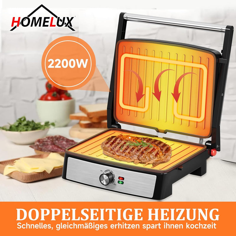 HOMELUX Kontaktgrill, Sandwichmaker und Panini Grill 2200W, Sandwich Maker für Fettfreies Grillen, T