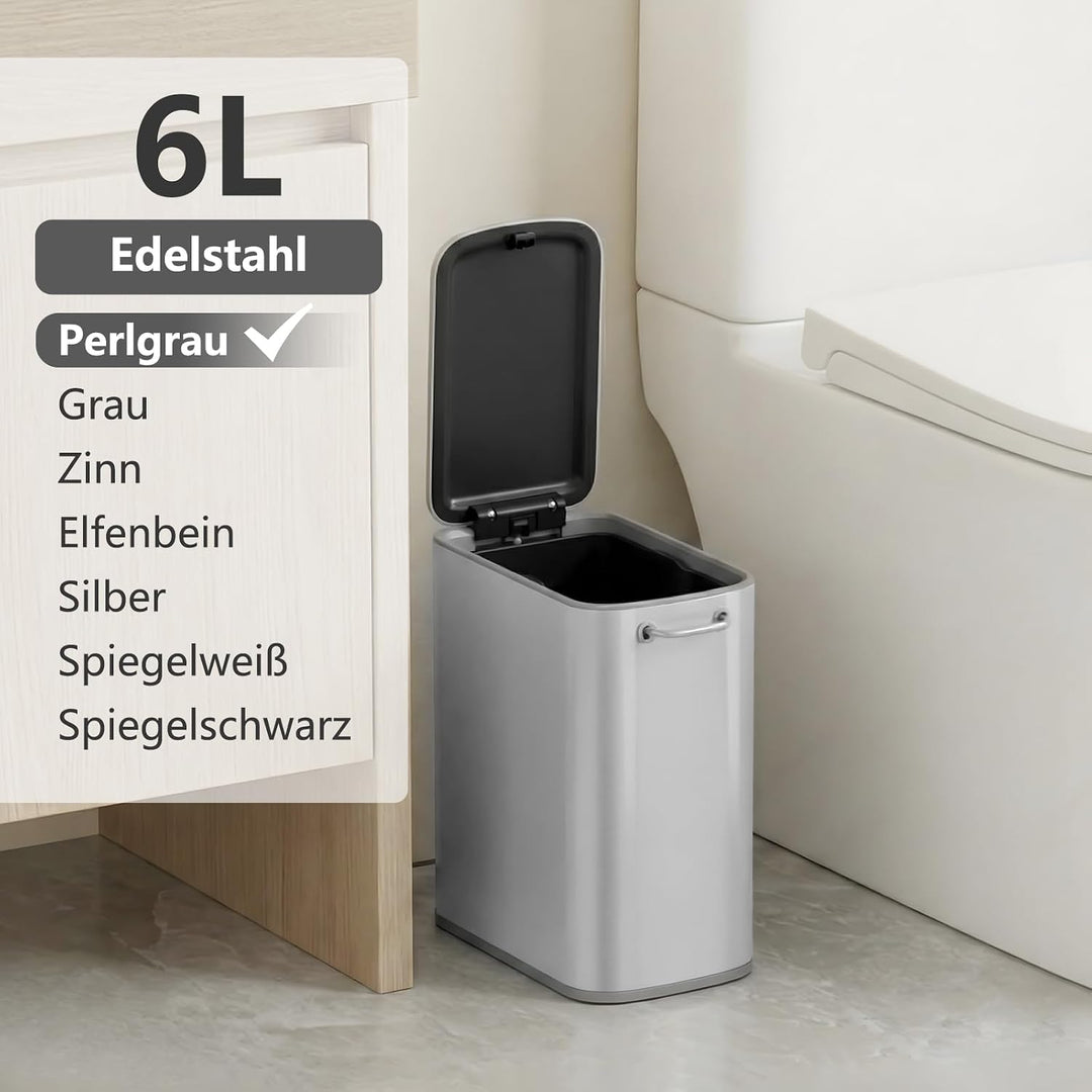 mVm Mülleimer Bad 6L, Abfalleimer Edelstahl, Handbetätigter, Perlgrau Perlgrau 6L, Perlgrau 6L