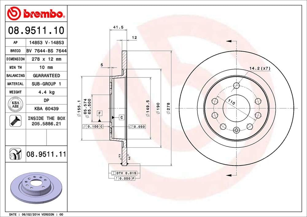 Brembo 08.9511.11 Hintere Bremsscheibe, Anzahl 2