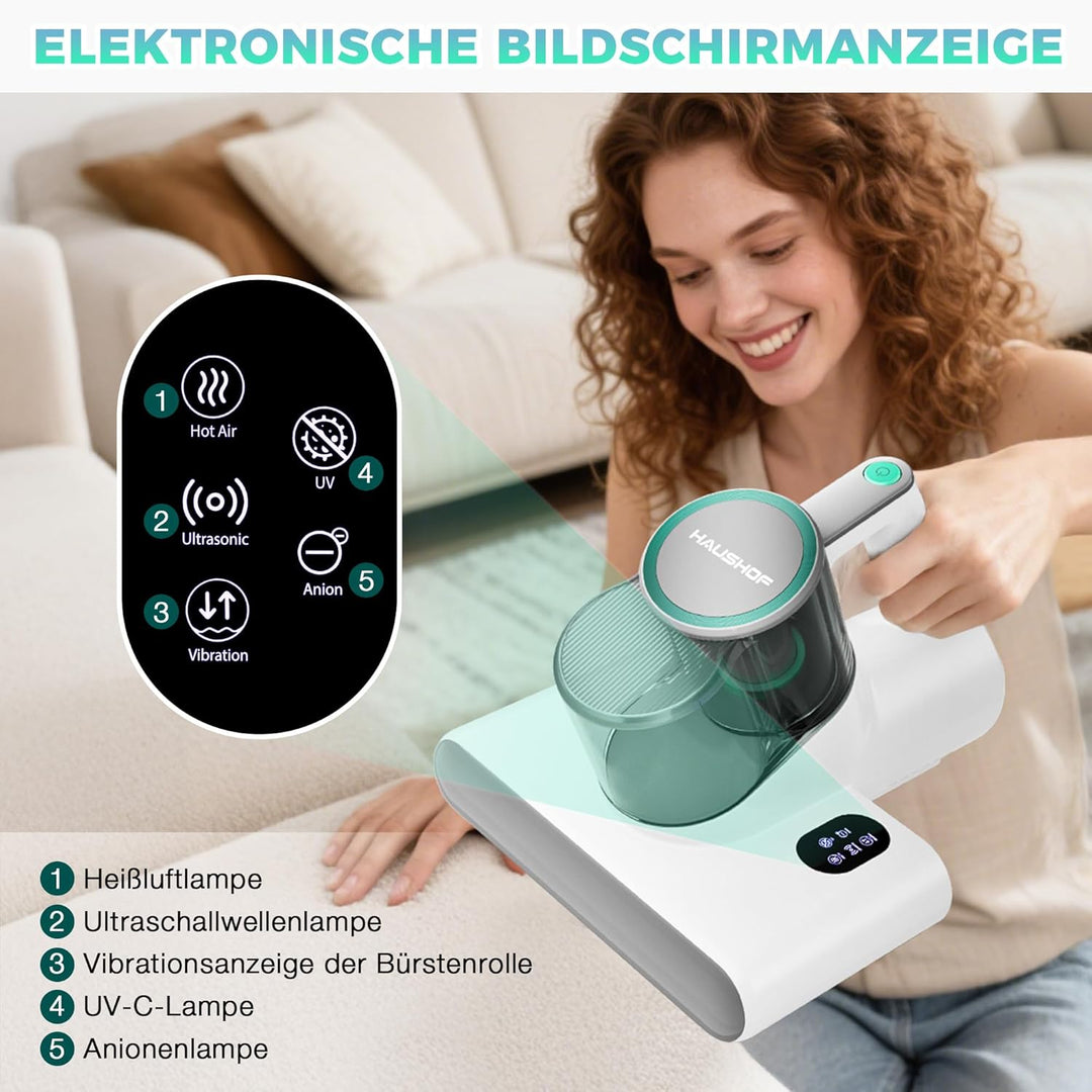 HAUSHOF Milbensauger für Matratzen 16 kPa mit UV Licht &amp; 60℃ Heissluft, Matratzenreiniger 400W mit D