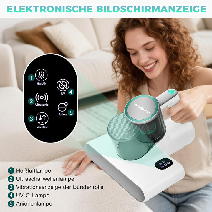 HAUSHOF Milbensauger für Matratzen 16 kPa mit UV Licht &amp; 60℃ Heissluft, Matratzenreiniger 400W mit D