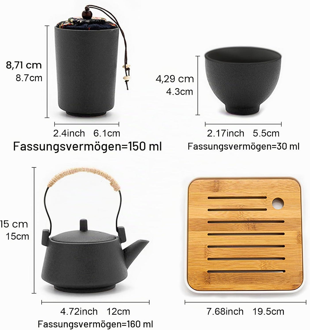 fanquare Japanisches Tragbare Reise Tee Set mit Reisetasche, Schwarz Porzellan Tee Service mit Teeka