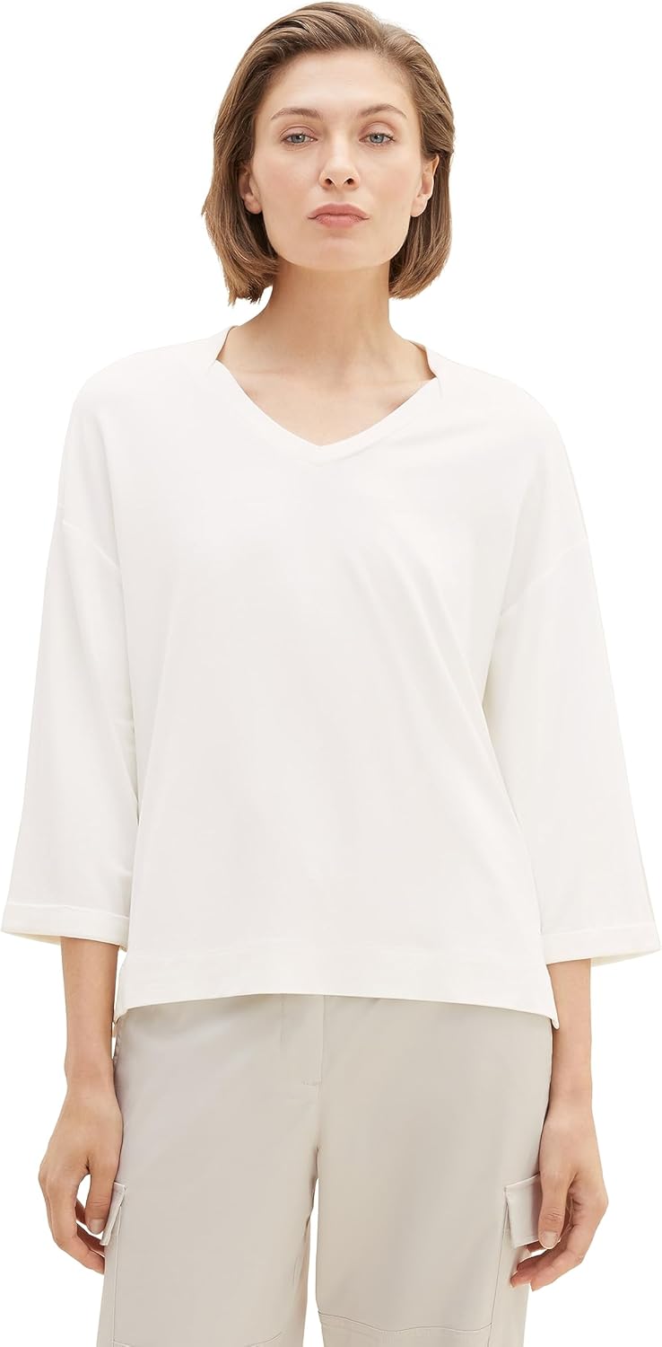 TOM TAILOR Damen Basic T-Shirt mit 3/4-Arm & V-Ausschnitt XL 10315-whisper White, XL 10315-whisper W
