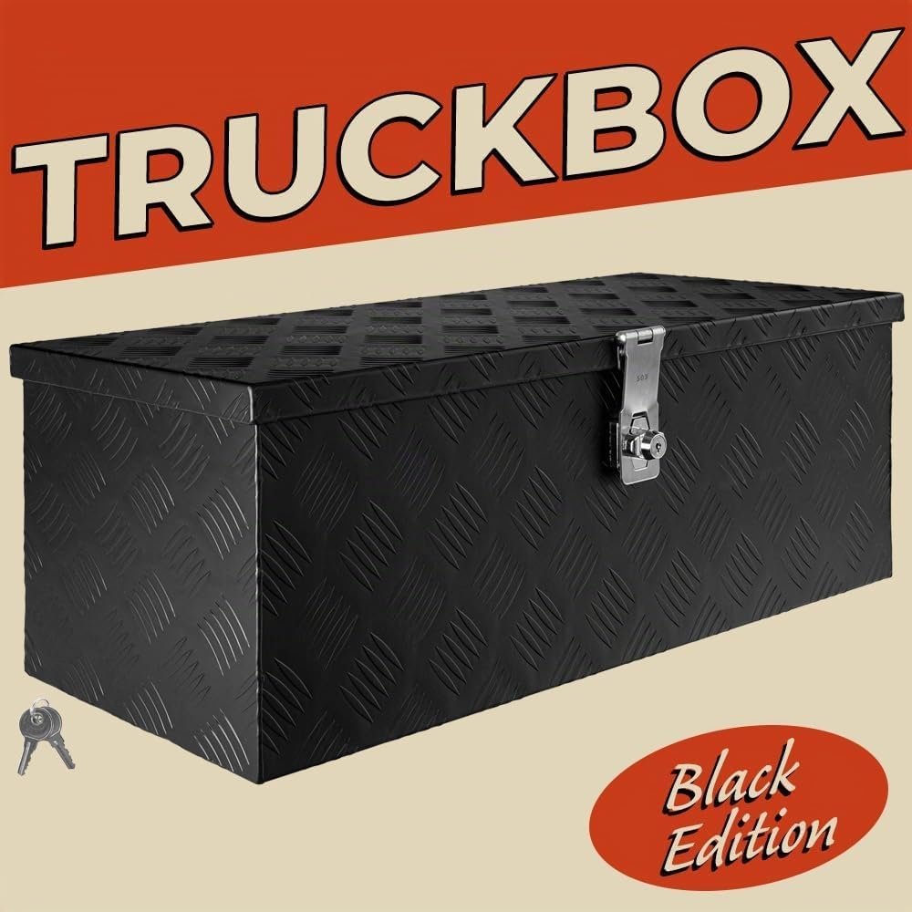 Trucky Truckbox Deichselbox aus Aluminium, in Schwarz, Abschliessbar, Robustes Riffelblech, Für Werk