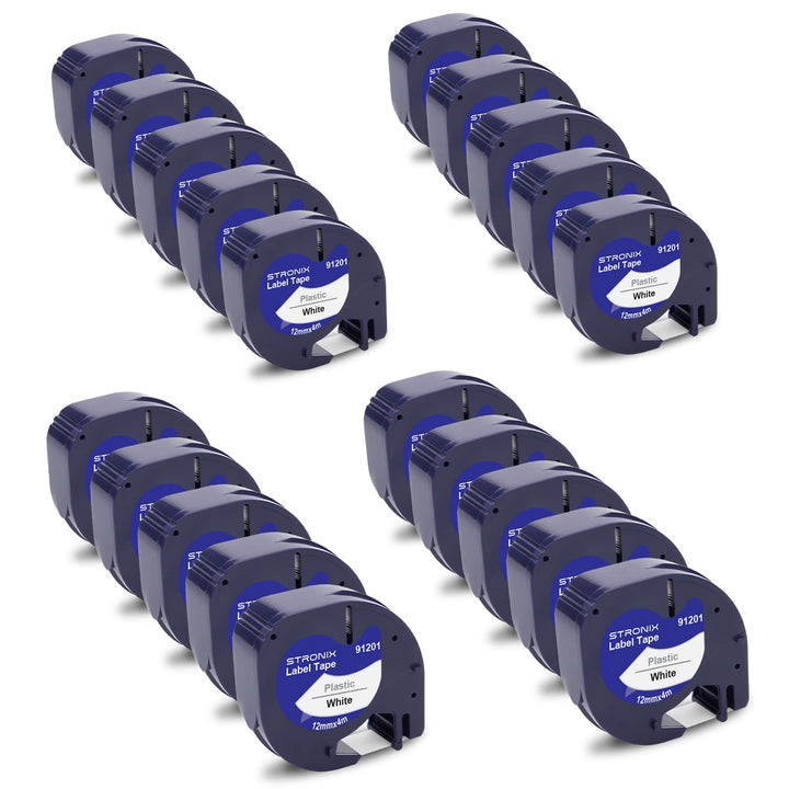 20x Kompatibel für Dyno Letra Tag Etikettenband 12mm x 4m Schwarz auf Weiss Schriftband 91221 S07216