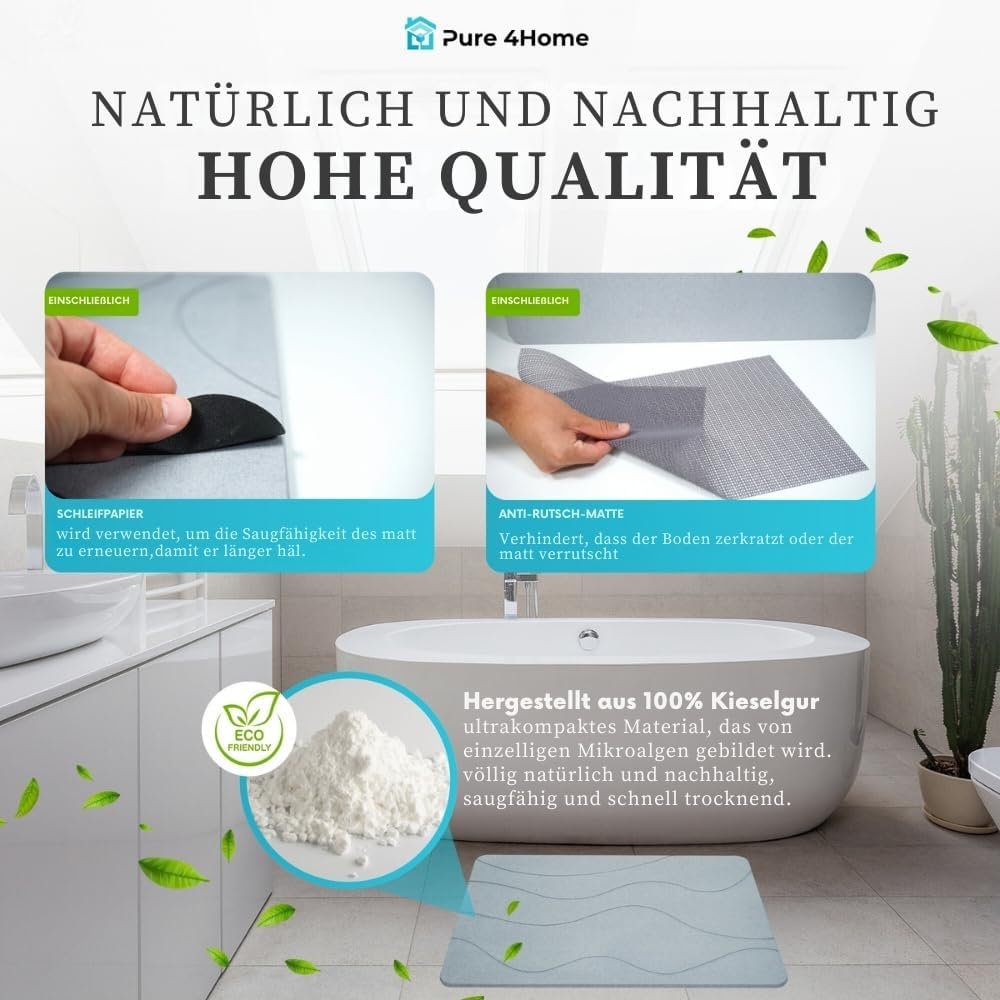 PURE 4HOME Badematte Kieselgur 60 x 40 cm – Saugstark & Schnelltrocknend, Rutschfest – Diatomit Stei