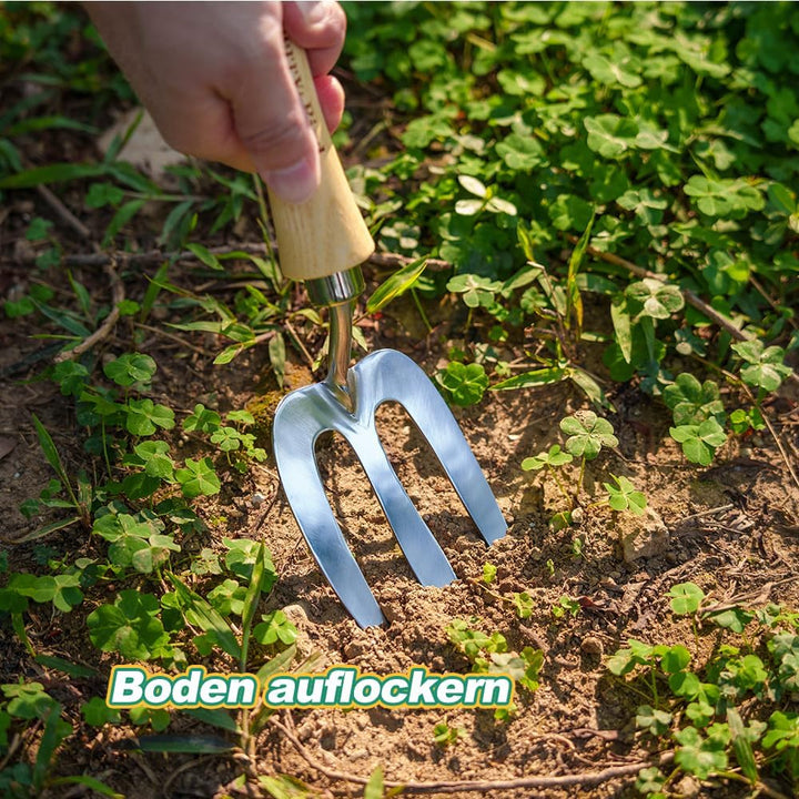 Berry&Bird Classic Blumengabel 30,7 cm - Grabegabel aus hochwertigem Edelstahl mit kurzem Holzgriff,