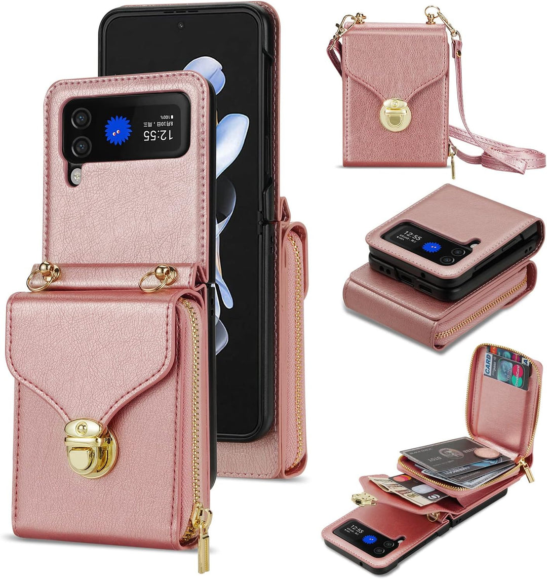 UDBKKDX Brieftasche Handyhülle für Samsung Galaxy Z Flip 4, Schnalle Frauen Mattes Leder hülle mit B