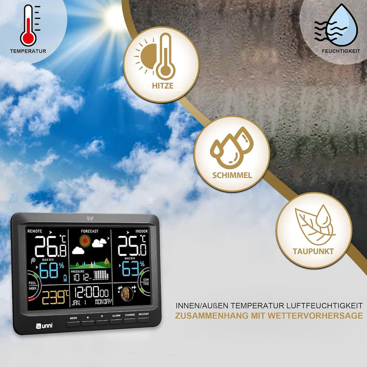 Funk Wetterstation mit Aussensensor Batteriebetrieb und Netzbetrieb mit DCF Funkuhr， Wettervorhersag