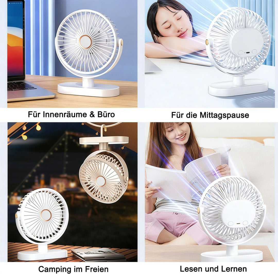 Schreibtischventilator mit Nachtlicht, Tragbarer Mini Ventilator 4000 mAh USB-Akku, 5 Geschwindigkei