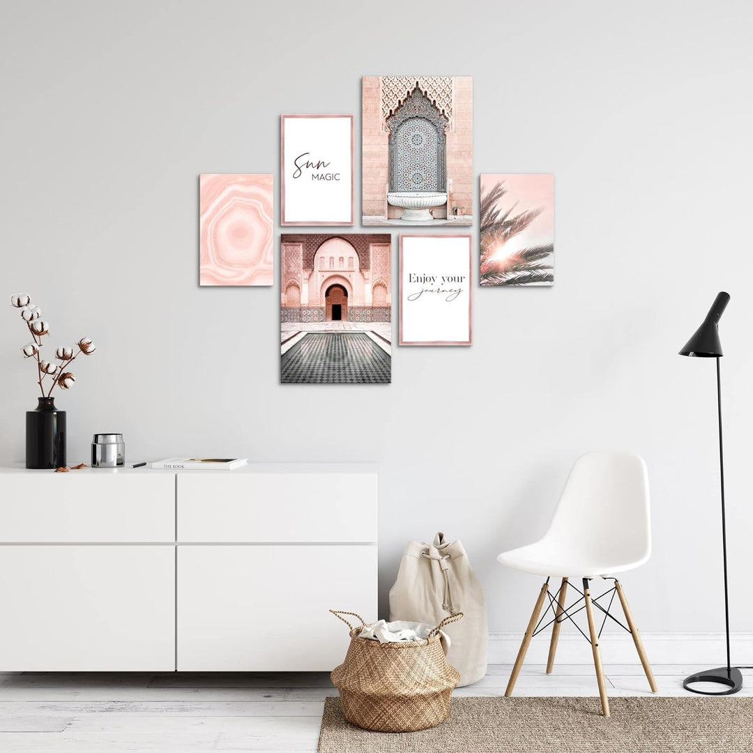 Novart Bilder Set - AUFHÄNGFERTIG - KEIN EXTRA RAHMEN BENÖTIGT - Oriental Marokko Palme Modern Rosa