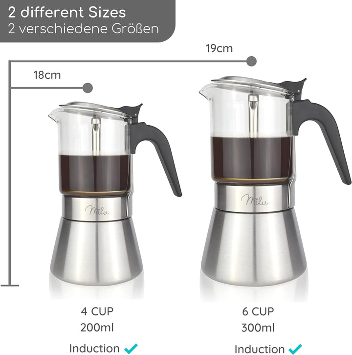 Milu Espressokocher Induktion geeignet | 4, 6 Tassen | Edelstahl Glas Mokkakanne, Espressokanne, Esp